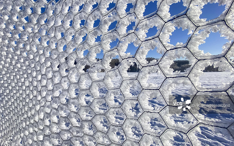 德国，结有黑冰和雾凇的网状围栏图片素材