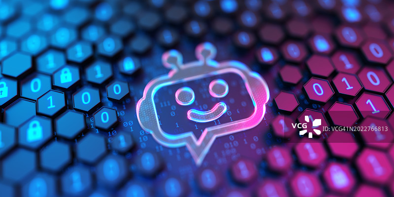 六边形背景上带有二进制代码的有趣发光聊天机器人，人工智能3D插图图片素材