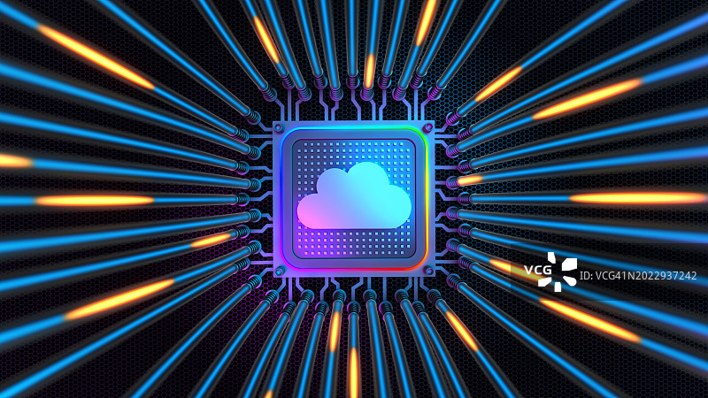 电子量子计算机微芯片上的云标志，带有电线和数据传输量子位运动，网络连接和大数据流概念。图片素材