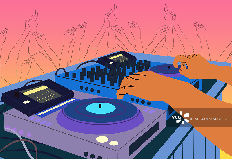 DJ在派对上混音，热情的观众举手欢呼。音乐、派对、DJ、娱乐、混音、人群、庆祝图片素材