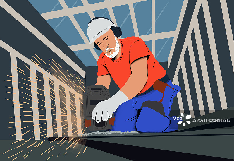 经验丰富的建筑工人用圆锯精确切割金属图片素材