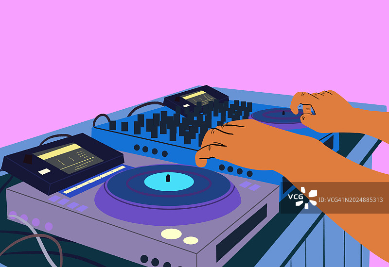 DJ在充满活力的俱乐部中熟练地搓碟的手部特写图片素材