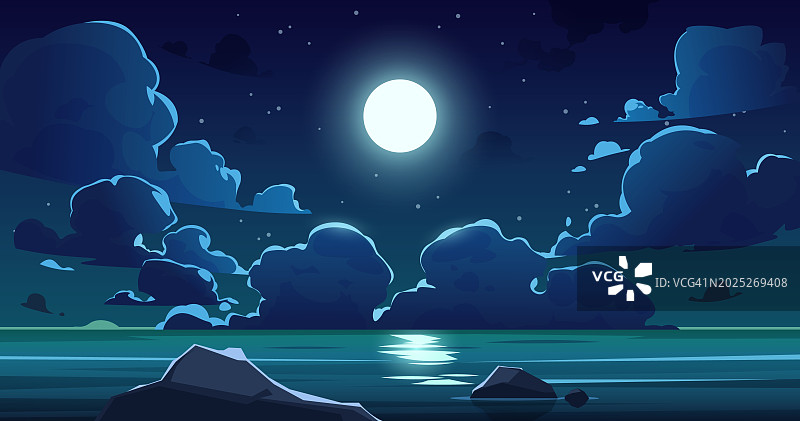 卡通夜海天空午夜月亮蓝色的月光和星星海洋海岸和积云的神奇夜晚海景矢量风景图片素材