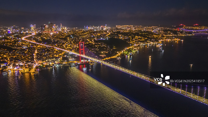 夜晚土耳其伊斯坦布尔，博斯普鲁斯海峡大桥在灯光璀璨的城市夜景中横跨马尔马拉海的航拍景观图片素材
