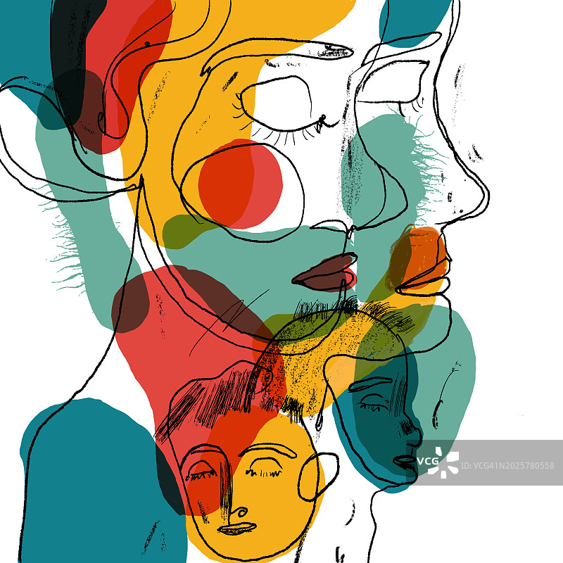 白色背景上的家庭抽象墨点笔触数字插画图片素材