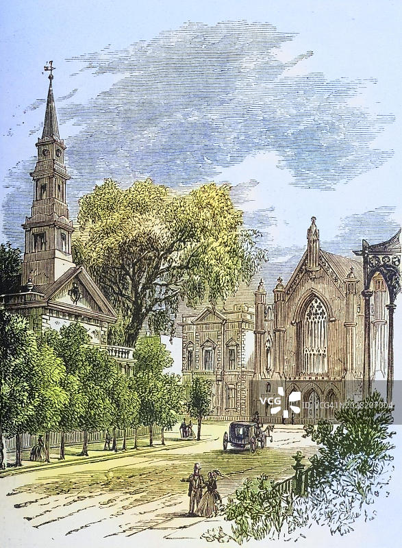 19世纪70年代纽约圣马可教堂。来自美国牧师塞缪尔·曼宁的钢笔画美国图片,1880年,美国,历史照片,从19世纪原始照片进行数字化修复,记录日期不详图片素材