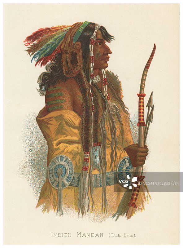 曼丹部落美洲原住民战士复古彩石版画插图图片素材