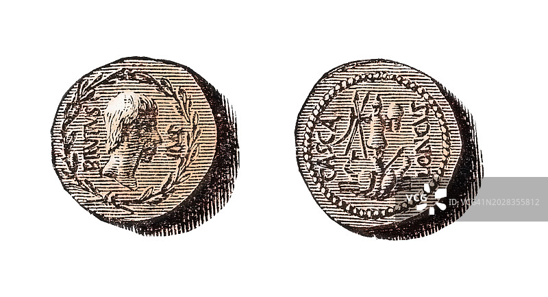 罗马共和国和帝国时期的硬币的老式雕刻插图 - 马库斯·尤尼乌斯·布鲁图图片素材