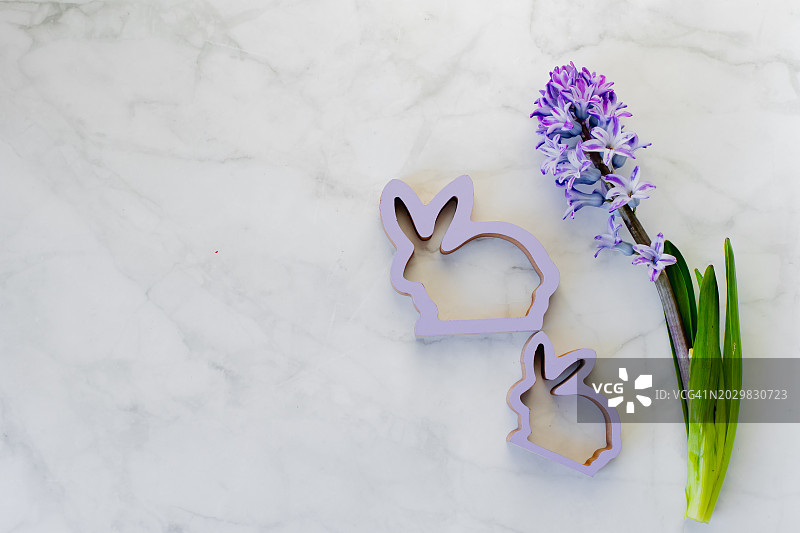 复活节庆祝概念：复活节餐桌布置。紫色木制兔子和风信子花在背景大理石桌上。桌面视图，复制空间图片素材