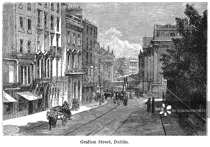 都柏林市中心两条主要购物街之一的格拉夫顿街古老插图图片素材