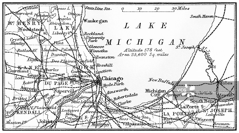 老式彩色石印地图：美国芝加哥和密歇根湖图片素材