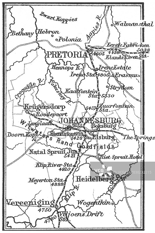 比勒陀利亚（南非行政首都）和约翰内斯堡（南非人口最多的城市）的旧彩色石印地图图片素材