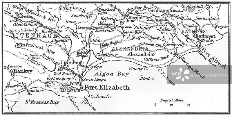 南非东开普省主要海港城市古董彩 lithograph 地图图片素材