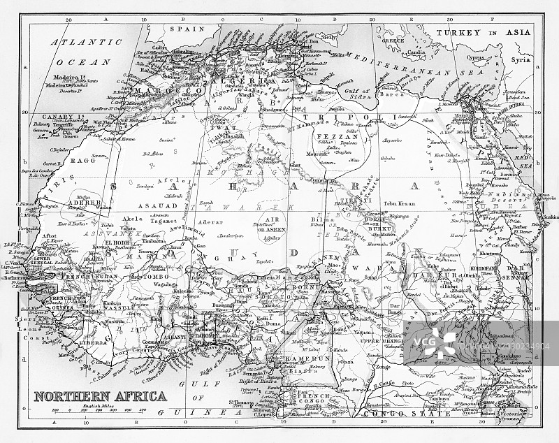 北非老式彩色石印地图图片素材