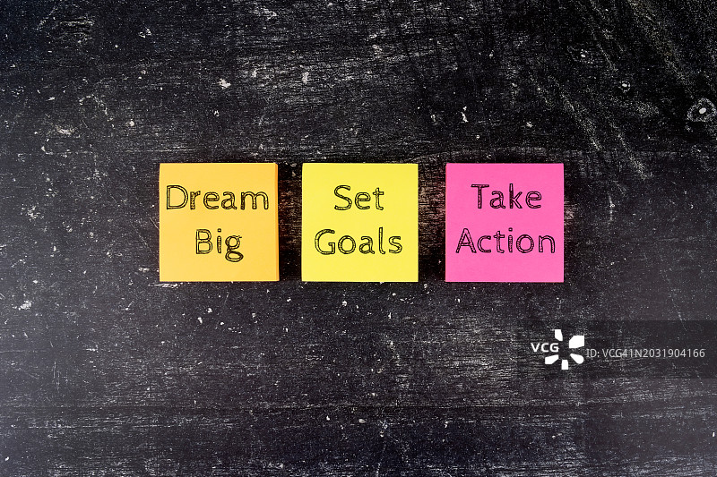 带有“梦想远大、设定目标、采取行动”引言的便签图片素材