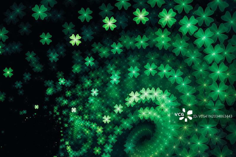圣帕特里克节：三叶草图案，黑色背景上的绿色散景径向漩涡模糊插画图片素材