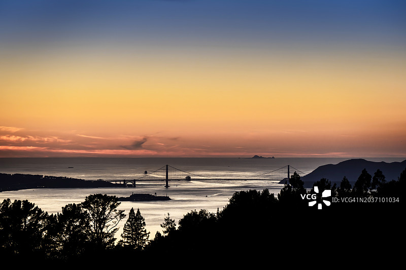 黄昏时分从伯克利山看到的金门大桥图片素材