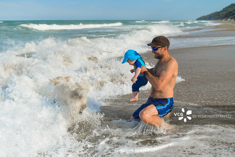 父子沙滩与狗玩耍图片素材
