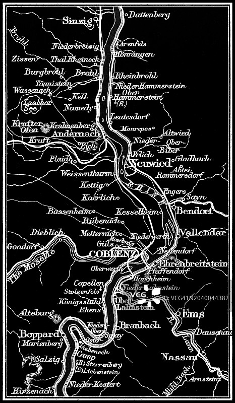 德国城市科布伦茨的古老雕刻插图，位于莱茵河和摩泽尔河沿岸图片素材