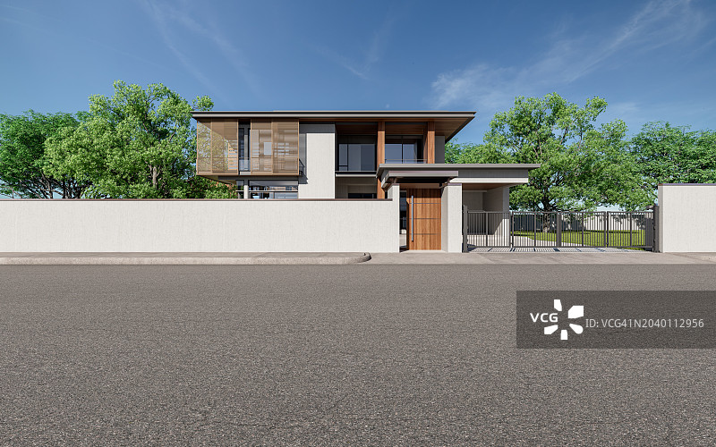 海滨现代别墅旁的沥青路图片素材