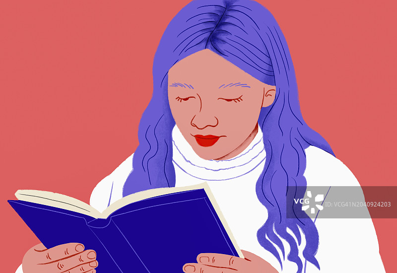 阅读书籍的紫发女孩特写图片素材