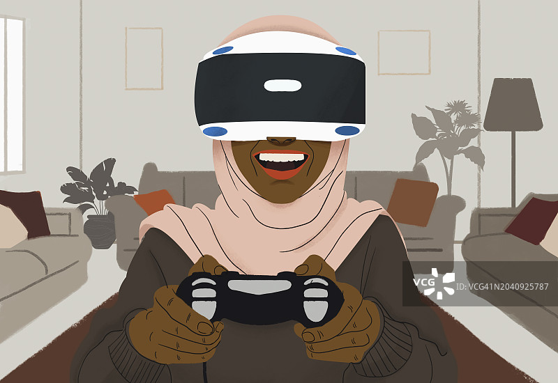 戴头巾戴VR头显玩电子游戏的快乐女人图片素材
