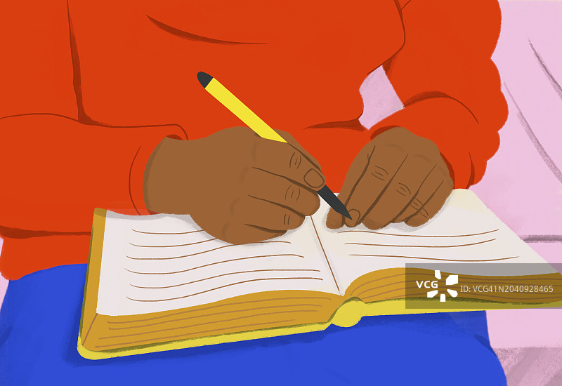 女学生用笔阅读书籍学习的特写图片素材