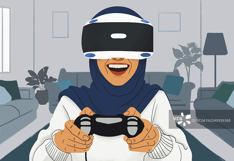 戴着头巾，用VR头显玩游戏的快乐女人图片素材