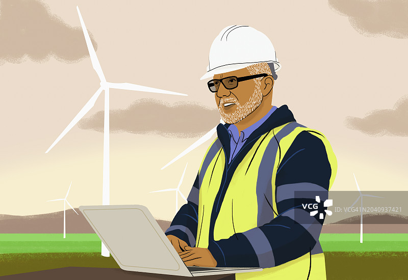 使用笔记本电脑在风力涡轮机农场工作的男工程师图片素材