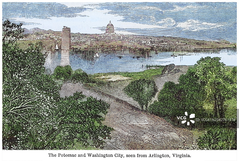 弗吉尼亚州阿灵顿远眺波托马克河和华盛顿市古老雕刻插图图片素材