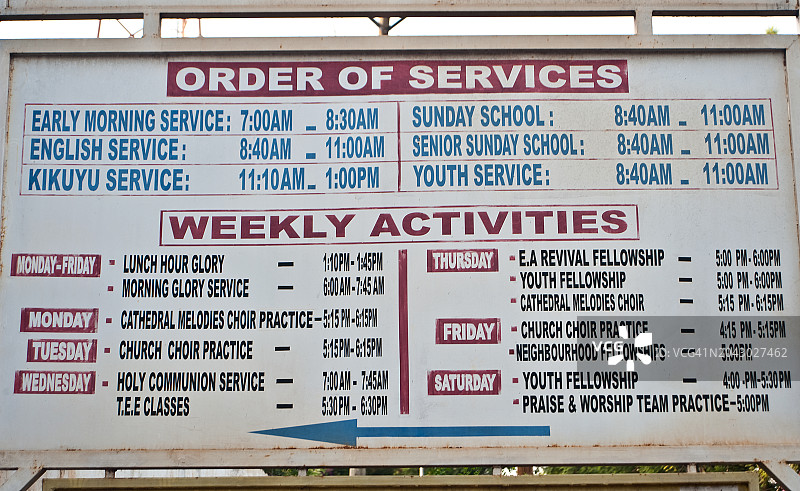 肯尼亚圣公会大教堂的服务和活动公告牌图片素材
