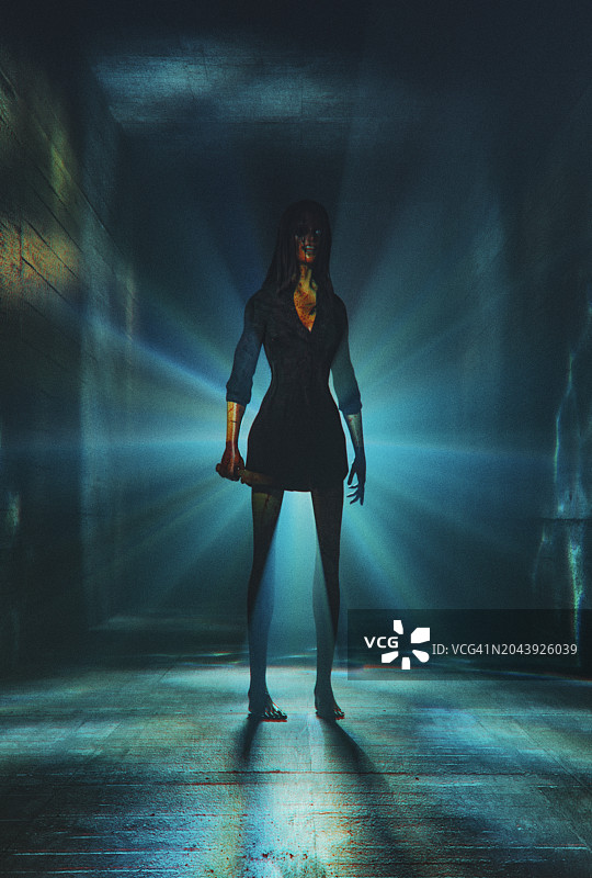 恐怖电影角色所在的黑暗地下混凝土走廊图片素材