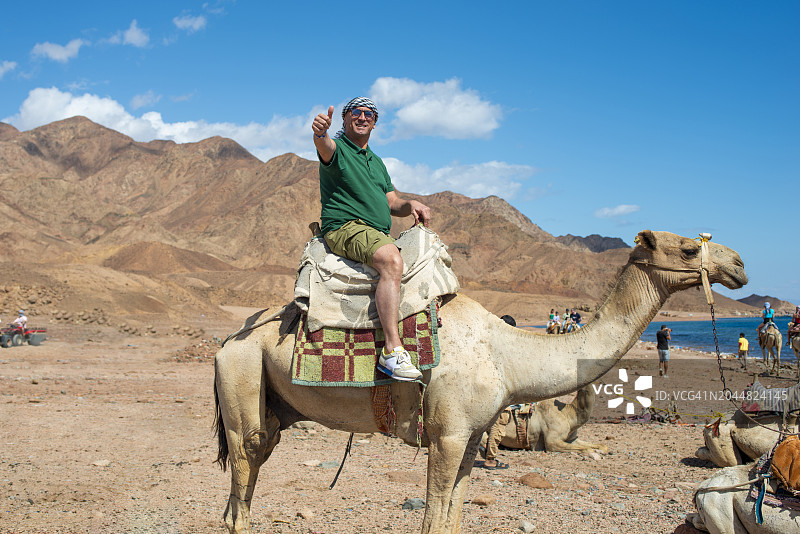 游客在沙漠中骑骆驼图片素材