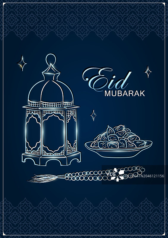 开斋节主题贺卡，配有手绘阿拉伯灯笼、穆斯林祈祷珠和枣椰图片素材