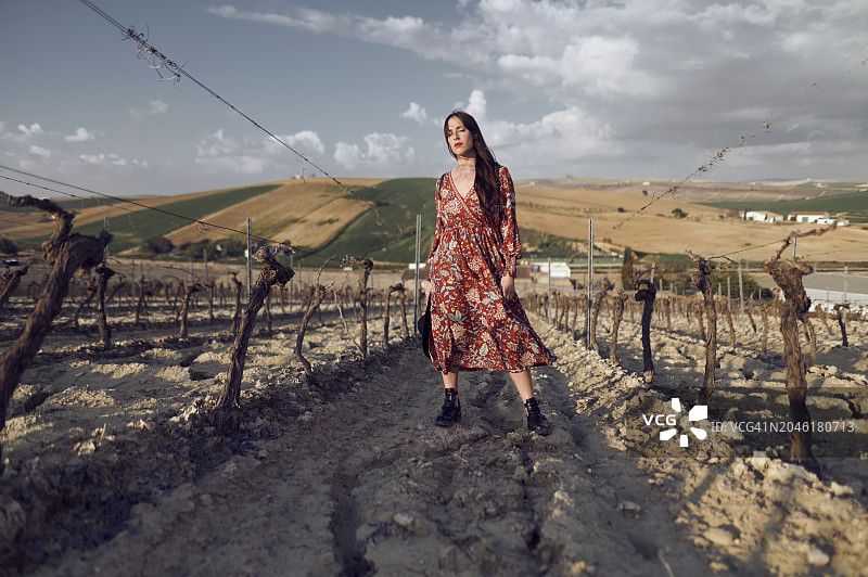 身穿红裙的女人在葡萄园中摆姿势图片素材