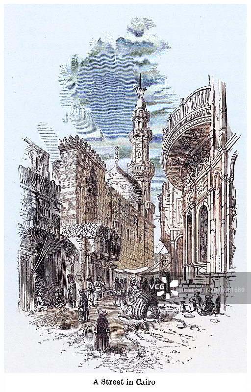 埃及开罗街道景观古版画图片素材