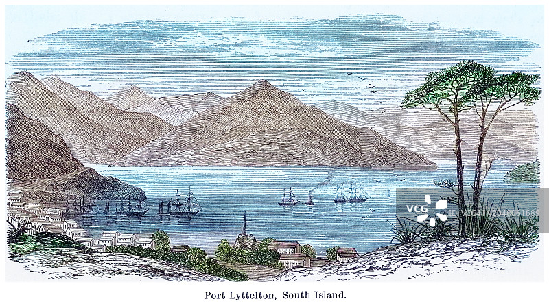 新西兰坎特伯雷海岸班克斯半岛西北侧利特尔顿港的主要入口古老雕刻插图图片素材