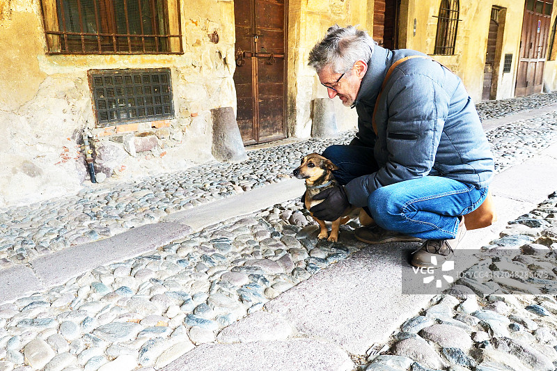 年长的意大利男人拥抱小流浪狗图片素材