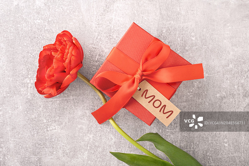 灰色桌子上的红色礼品盒和双郁金香图片素材