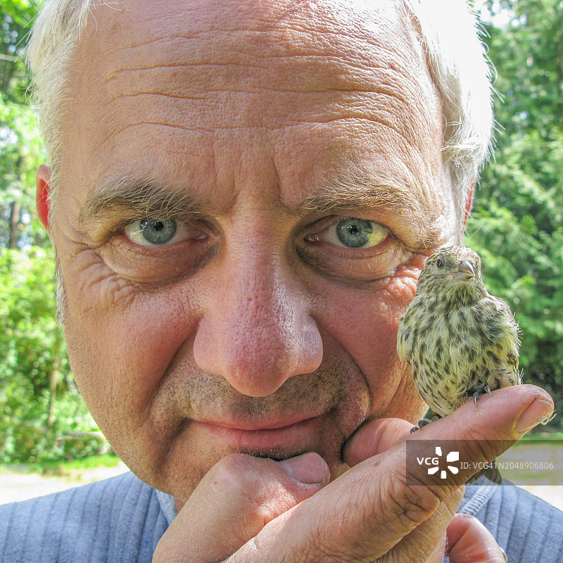 一名男子手指上拿着麻雀的特写肖像，加拿大不列颠哥伦比亚省图片素材