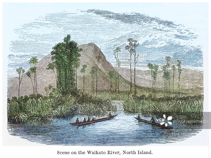旧版雕刻插图：怀卡托河风光，怀卡托河是新西兰最长的河流，流经北岛425公里图片素材