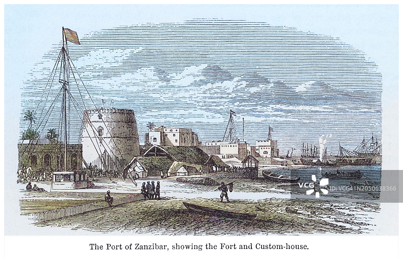 坦桑尼亚桑给巴尔群岛最大和人口最多的岛屿桑给巴尔港口古老雕刻插图 - 展示了堡垒和海关图片素材