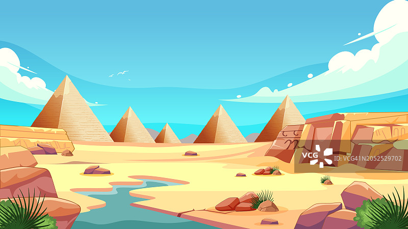 卡通插画：沙漠场景中的金字塔图片素材