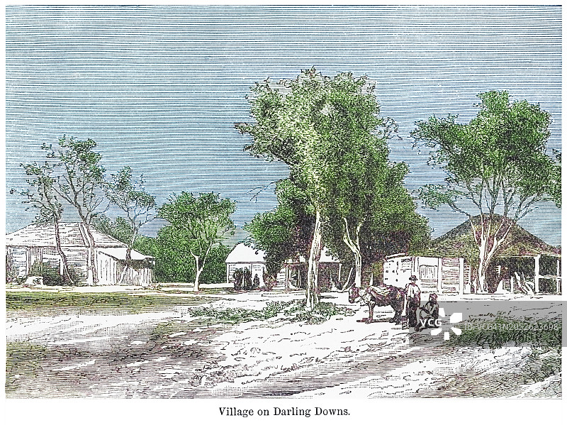 澳大利亚昆士兰州南部大分水岭西坡达令 downs 农区村庄古老雕刻插图图片素材