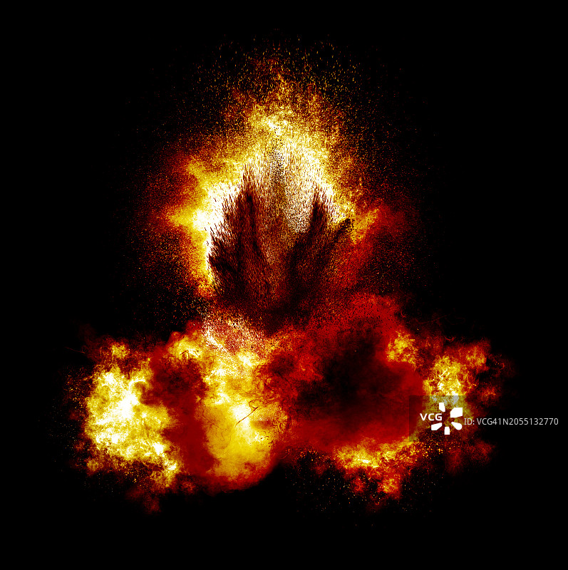 空中多次爆炸形成的云，带有火焰和烟雾在黑色背景上移动图片素材