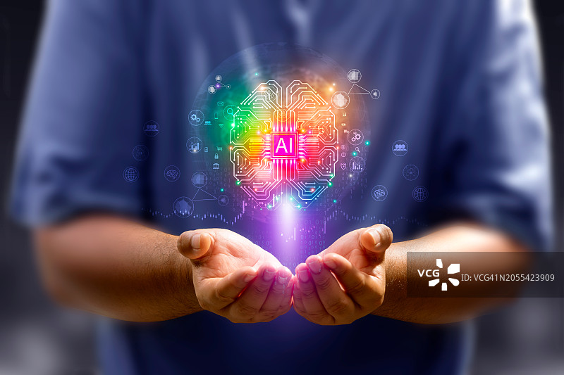 互联网技术：人们使用AI网络来帮助工作，商业和现代技术中的AI学习或人工智能图片素材