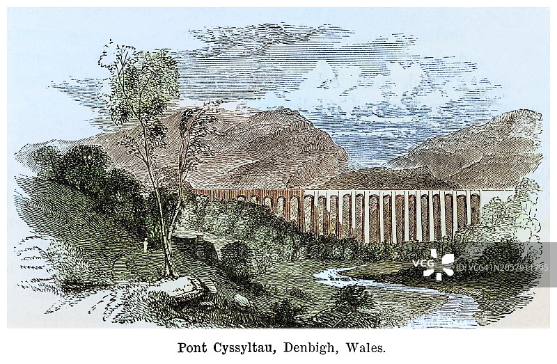老式雕刻插图：威尔士Pontcysyllte渡槽，朗格伦运河图片素材