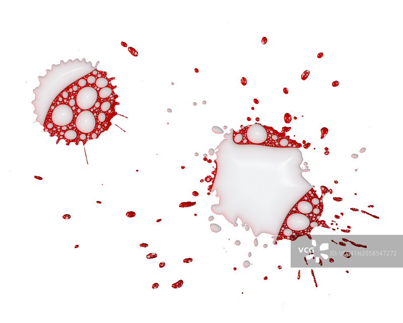 红色液体滴落与白色气泡在白色画布上的浮雕图片素材
