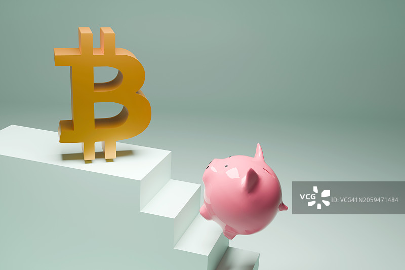 储蓄罐试图够到比特币图片素材