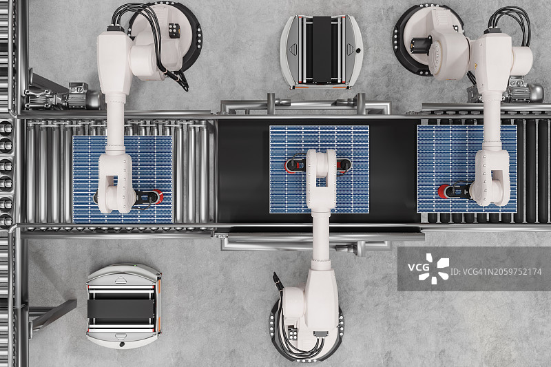 智能配送仓库中机器人手臂生产太阳能板俯视图片素材